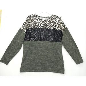 Sunshine & Rodeos Womens M Leopard Sequin Colorblock Long Sleeve Knit Top